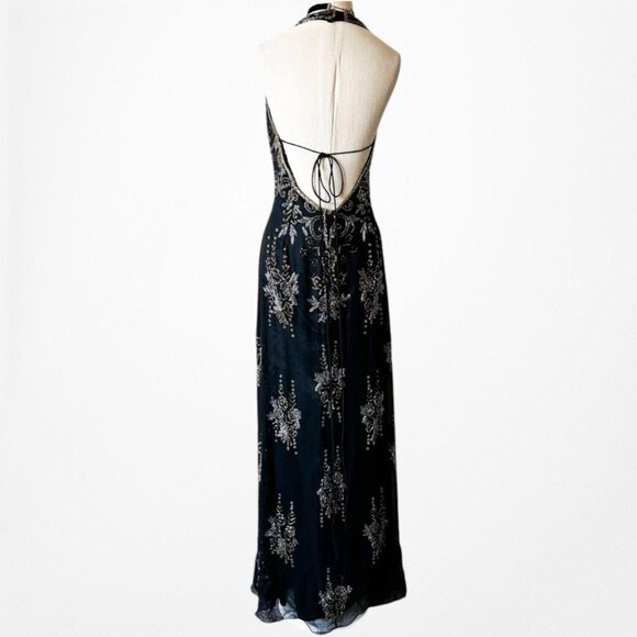 Vintage Y2K Black Navy Silk Beaded Halter Bodycon Maxi Prom Dress Size M - Picture 8 of 8